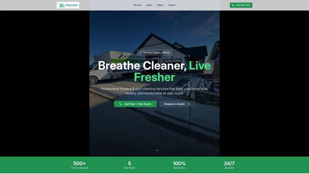 Fresh Feel Furnace & Duct Cleaning website showing its service vehicle and enquiry options